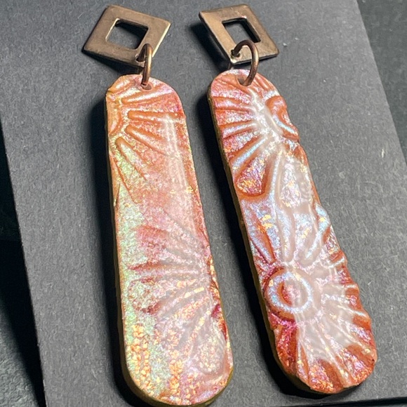 Artisan Made Floral Embossed Shimmering Orange And Pink Boho Earrings - Picture 6 of 7